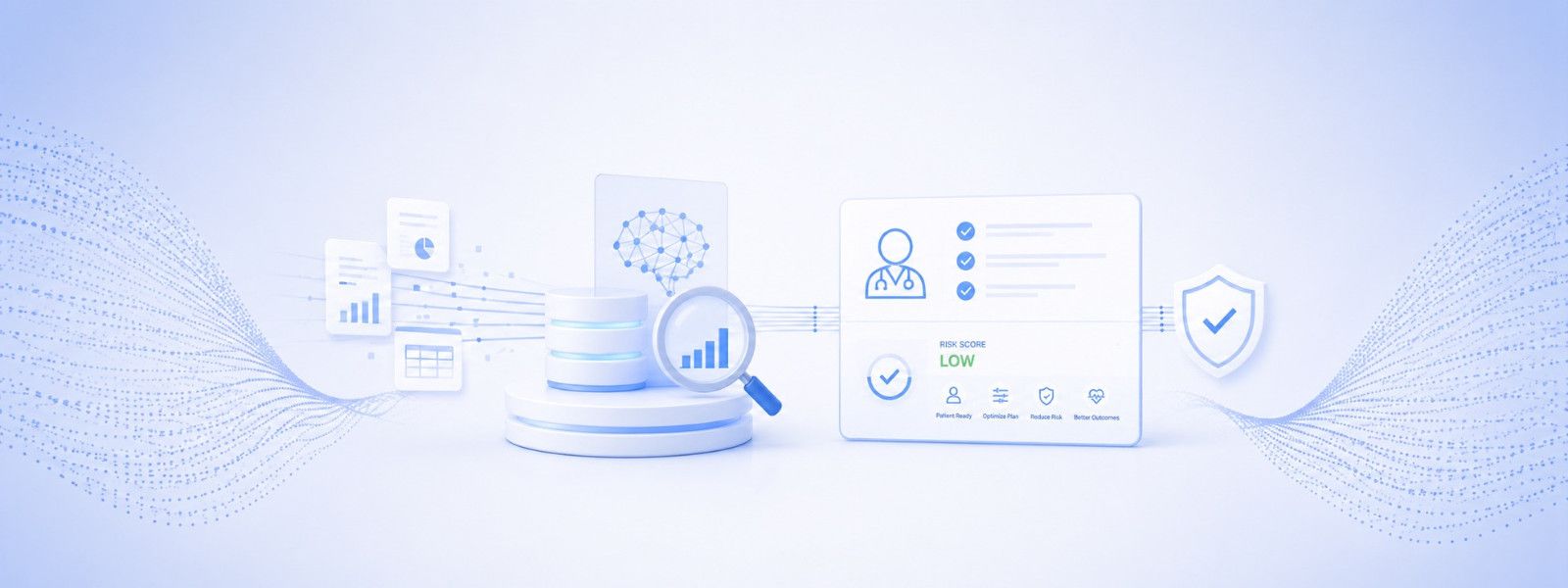 Scattered charts and records flowing through a database and analysis step into a patient risk summary marked low risk