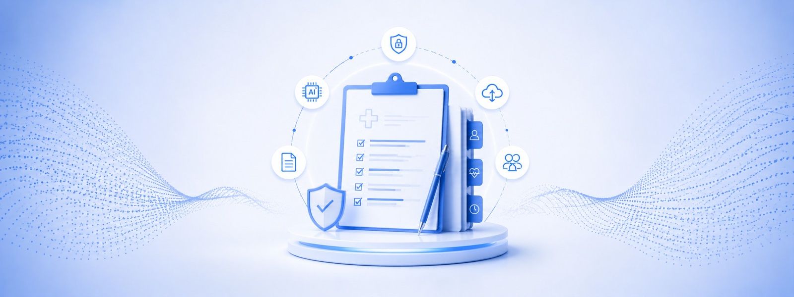 A preoperative clipboard checklist ringed by icons for AI, security, cloud sync, and care teams