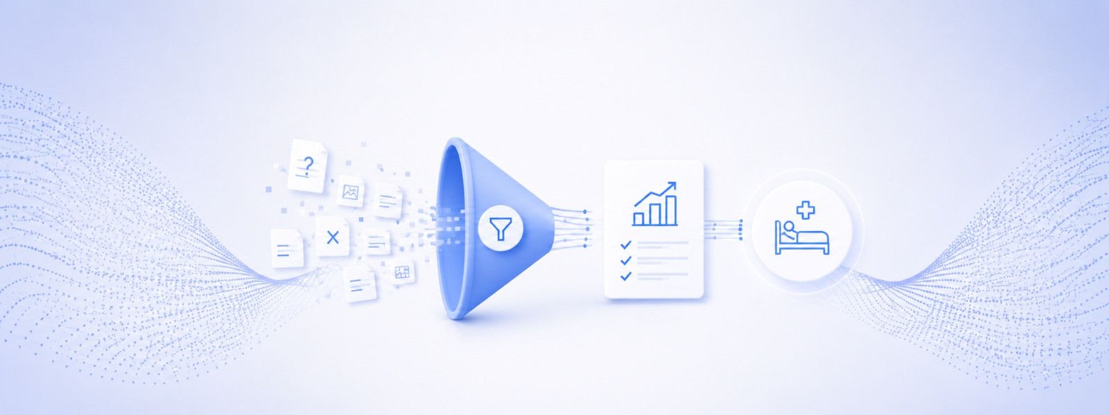 Scattered mismatched documents funneling into a single structured report and a patient recovery outcome