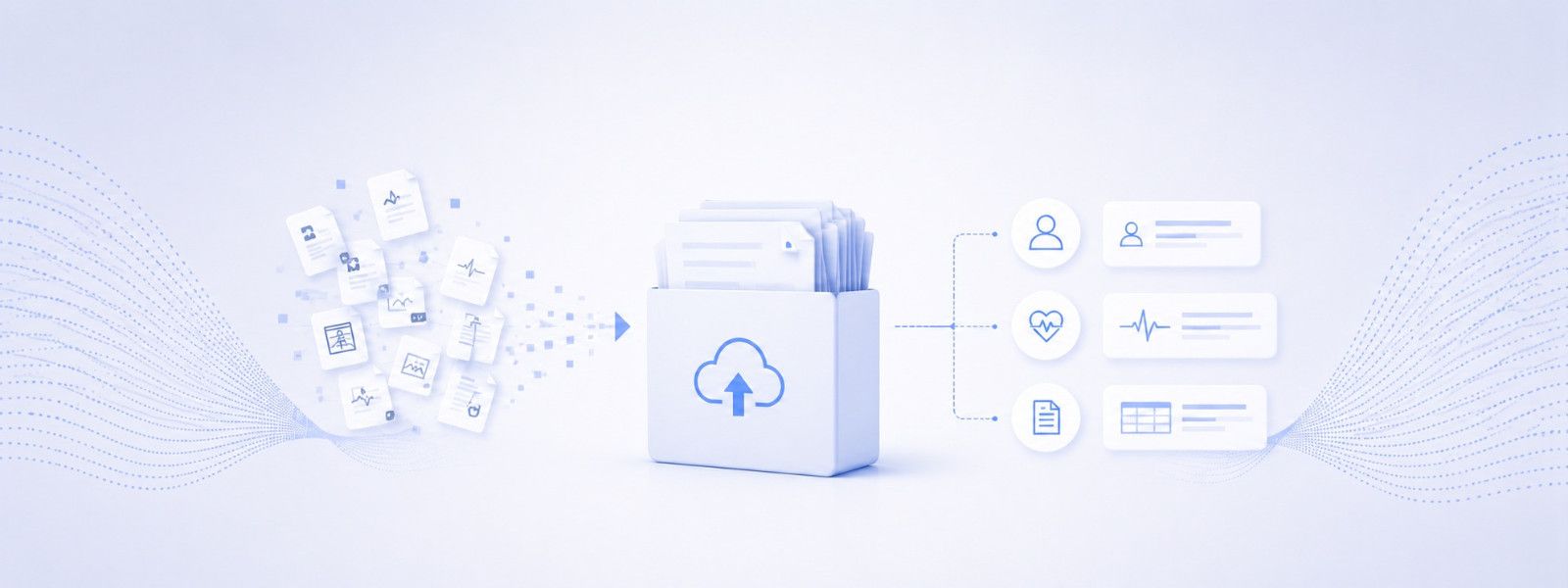 A scattered cloud of unlabeled clinical documents feeding into an upload box and emerging as sorted, identified records