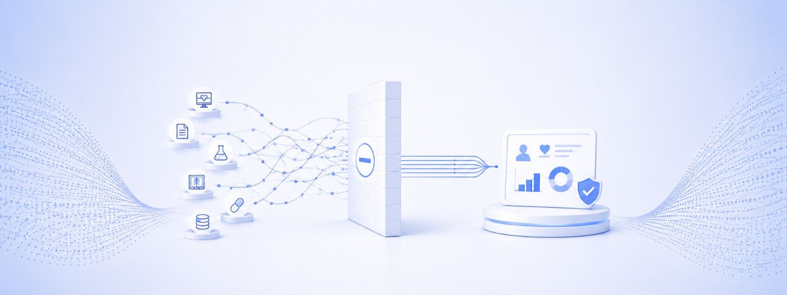 Tangled data streams from scattered clinical systems passing through a barrier and emerging as one unified dashboard