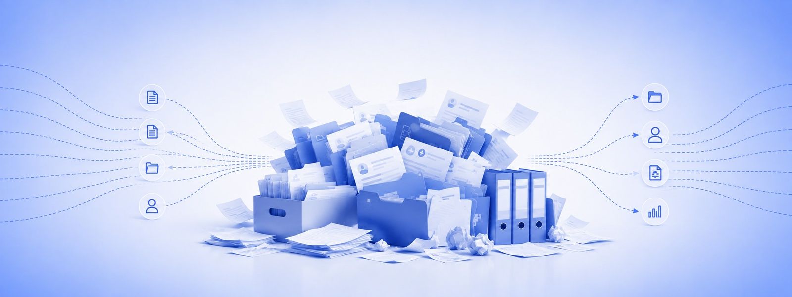 An overflowing box of unsorted patient files with dashed lines routing documents outward into labeled destinations