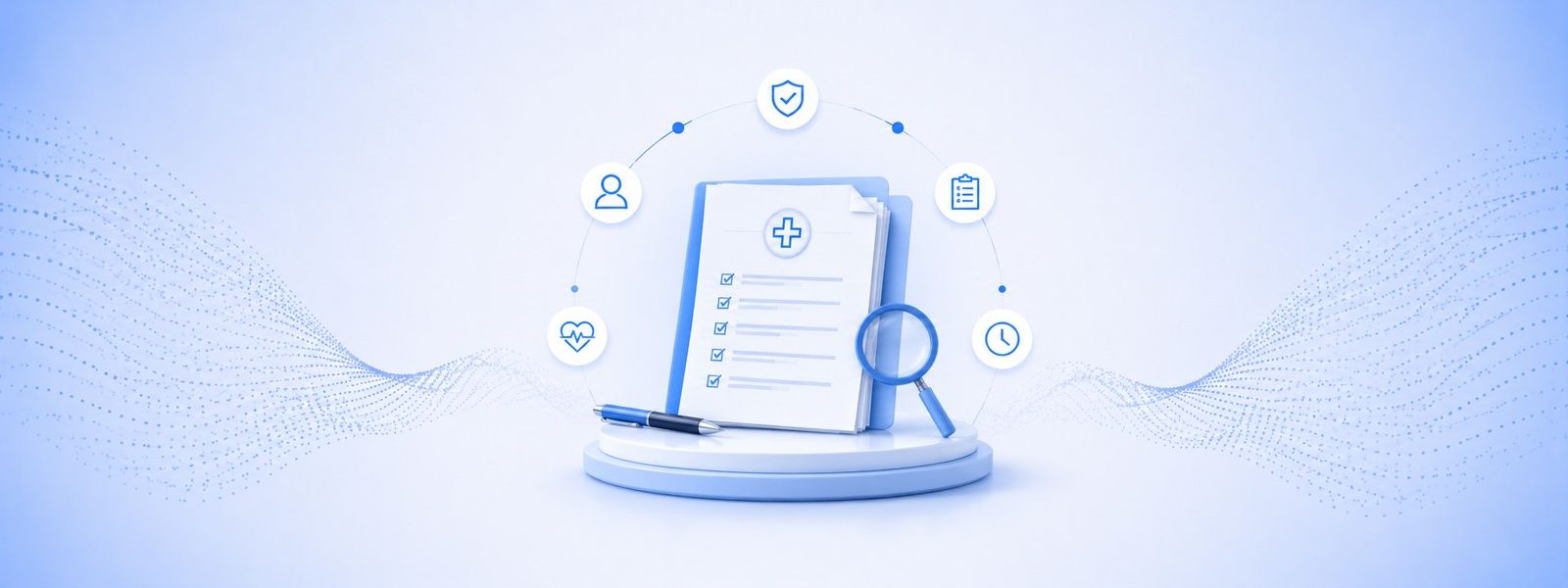 A preoperative checklist document surrounded by icons for patient, vitals, compliance, and timing