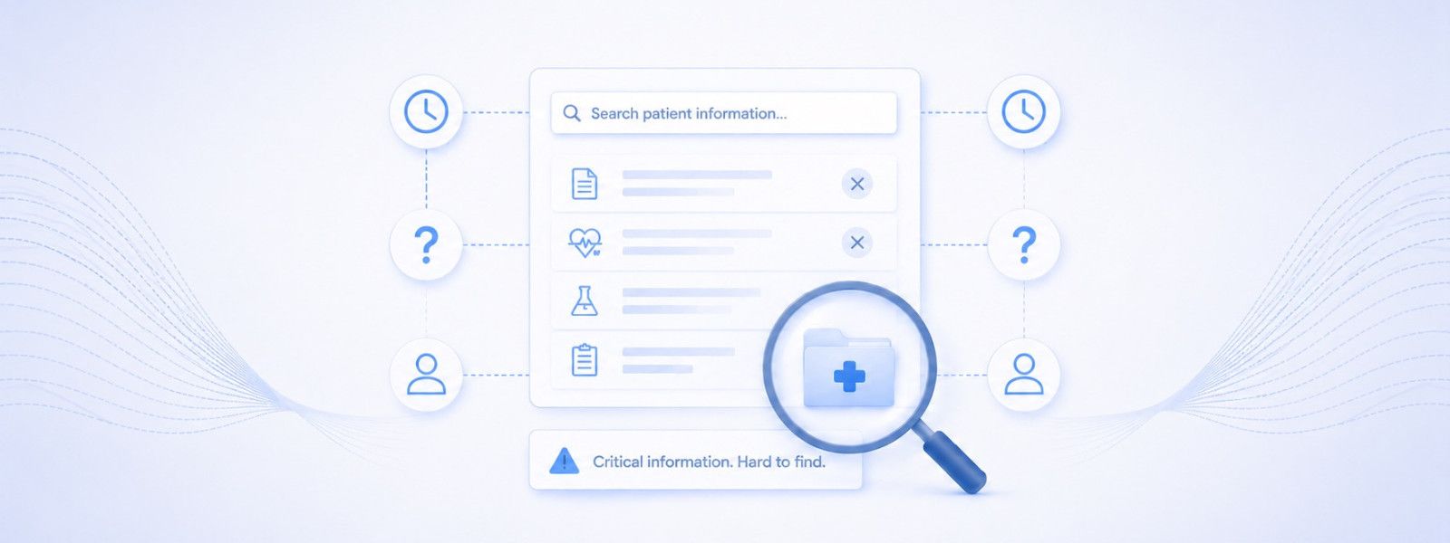A patient information search returning unresolved results, with a magnifier over one folder and a warning that critical information is hard to find