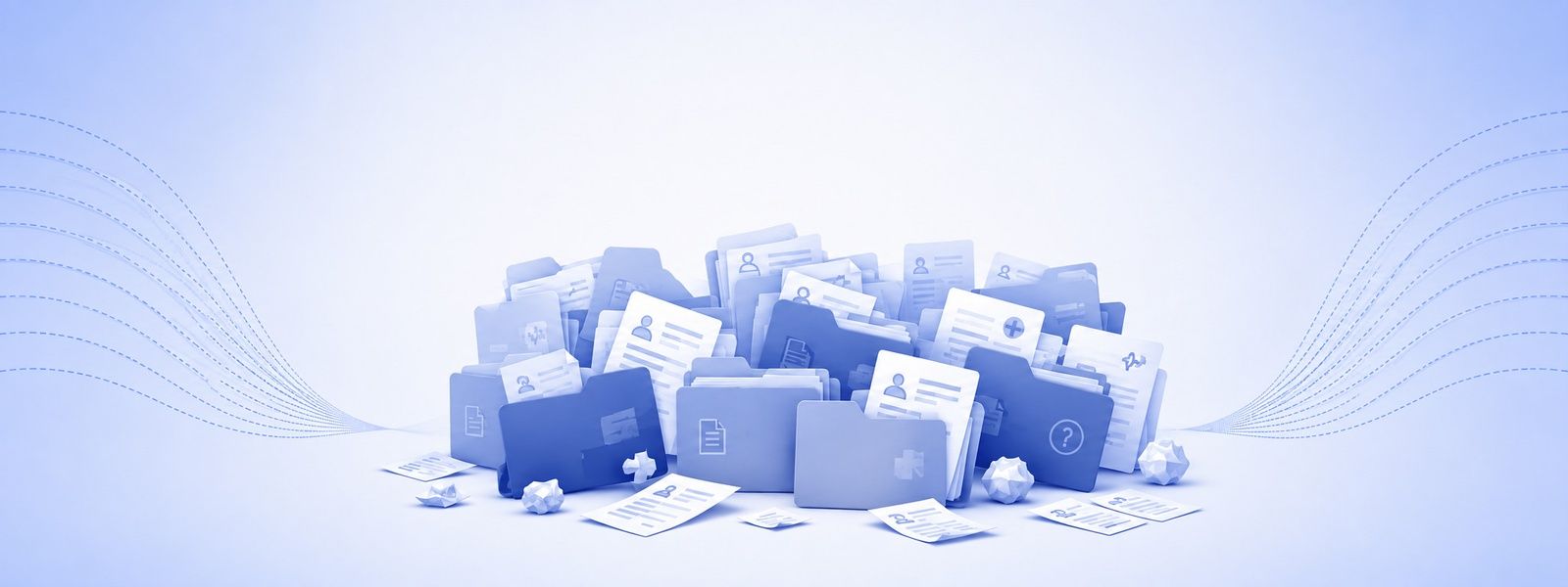A large disordered pile of patient folders and loose documents, some marked with question marks