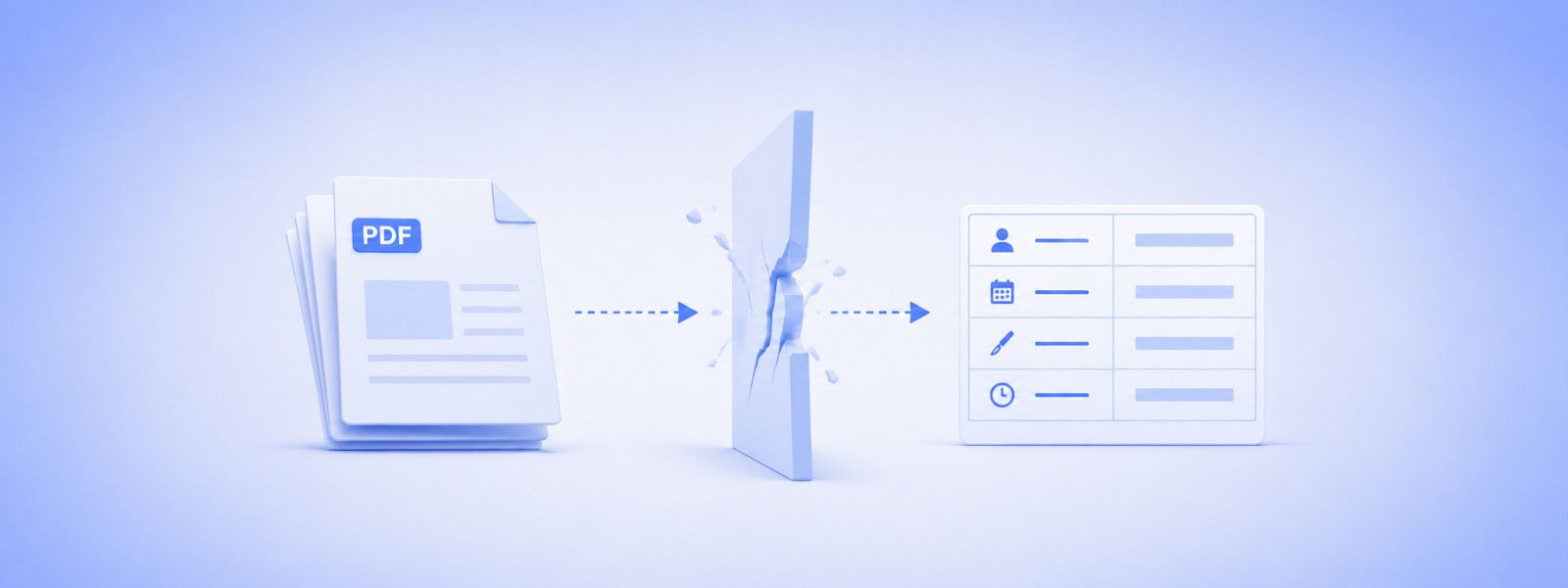A stack of PDF documents passing through a shattering barrier and emerging as a structured table of labeled fields
