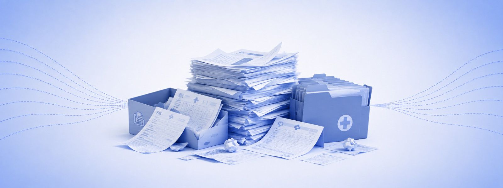 A tall stack of loose fax pages beside a fax inbox tray and a patient folder, with pages spilling across the surface